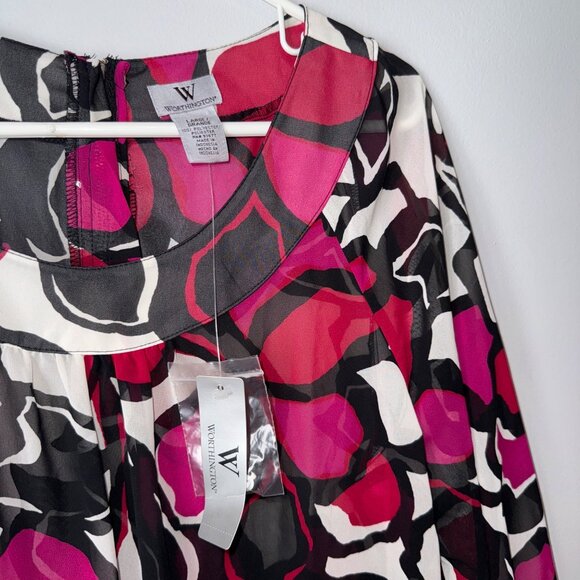 NWT Worthington Womens Large Sheer Floral Blouse Pink Red Black White - Picture 8 of 9